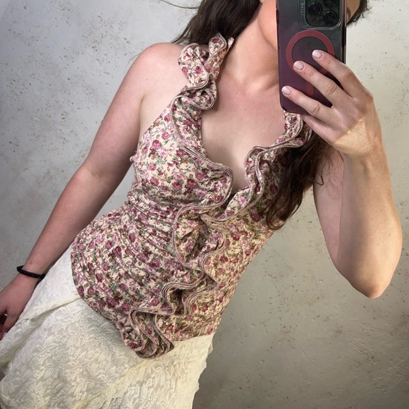 Vintage Tops - Y2K 2000s Poetry Floral Halter Top with Pink and Green Ditsy Floral Print Small